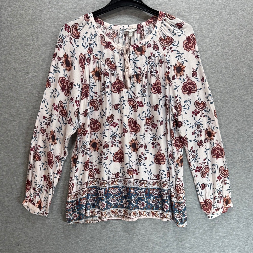 Lucky Brand Peasant Top Womens XL Cream Floral Paisley Boho Tassel Blouse